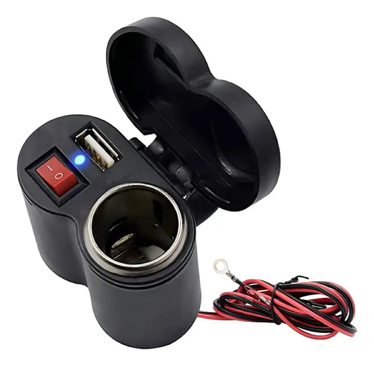 Cargador para Motocicleta USB + Toma 12V Tipo Encendedor | Interruptor ON/OFF